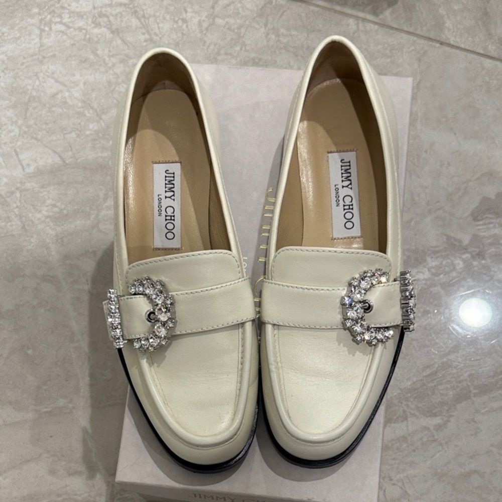 Jimmy Choo Ivory Loafers with Sparkling Buckle